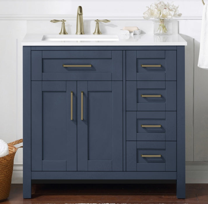 SIENA 36 Inch, Solid Wood Bathroom Vanity with Quartz Countertop, Midnight Blue