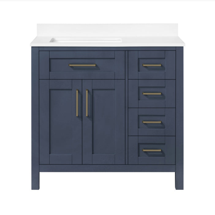 SIENA 36 Inch, Solid Wood Bathroom Vanity with Quartz Countertop, Midnight Blue