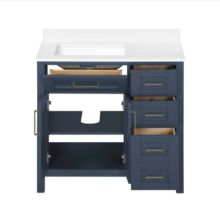 SIENA 36 Inch, Solid Wood Bathroom Vanity with Quartz Countertop, Midnight Blue