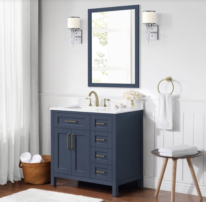 SIENA 36 Inch, Solid Wood Bathroom Vanity with Quartz Countertop, Midnight Blue