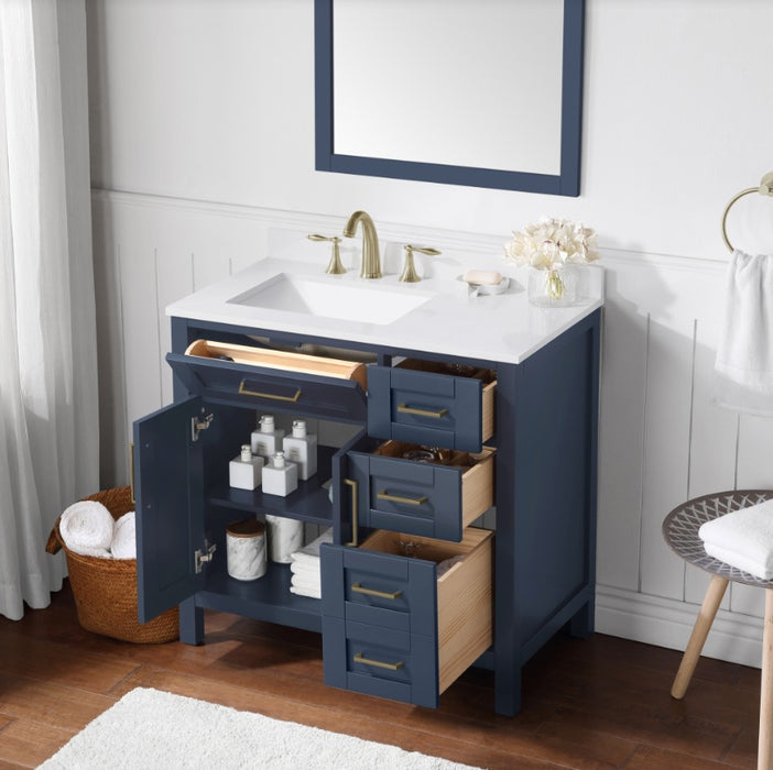 SIENA 36 Inch, Solid Wood Bathroom Vanity with Quartz Countertop, Midnight Blue