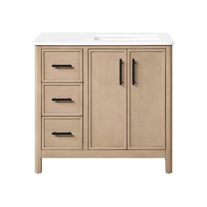 SAHARA- 36" Blonde Antique , Right side Sink, Solid Wood Bathroom Vanity with White Quartz countertop