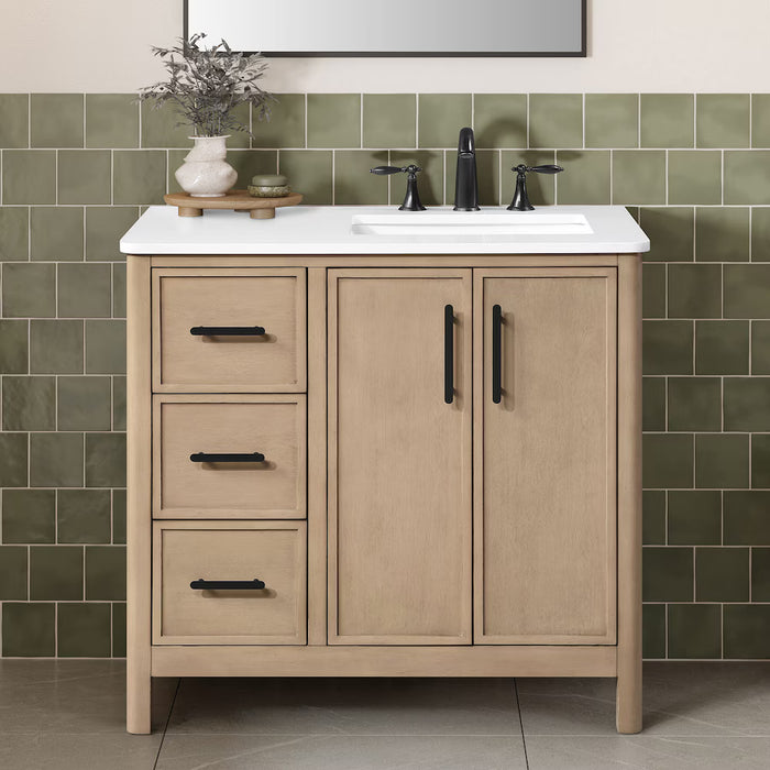 SAHARA- 36" Blonde Antique , Right side Sink, Solid Wood Bathroom Vanity with White Quartz countertop