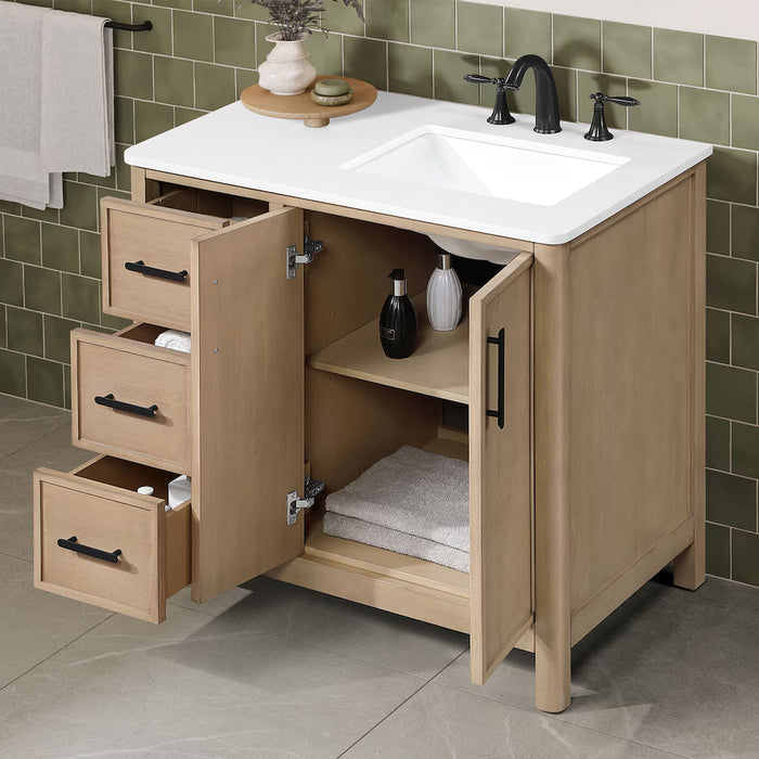 SAHARA- 36" Blonde Antique , Right side Sink, Solid Wood Bathroom Vanity with White Quartz countertop