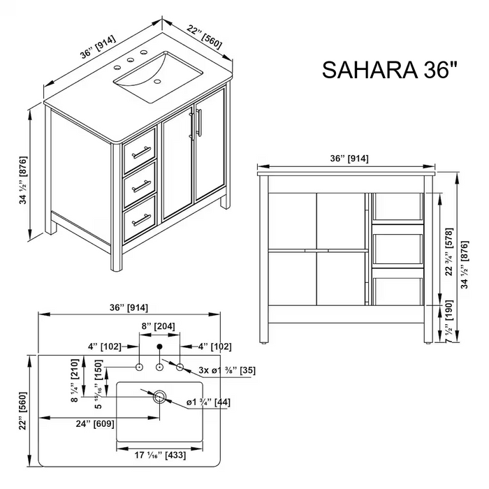 SAHARA- 36" Blonde Antique , Right side Sink, Solid Wood Bathroom Vanity with White Quartz countertop