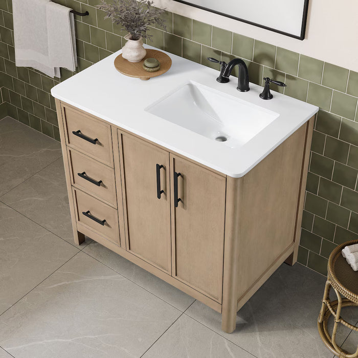 SAHARA- 36" Blonde Antique , Right side Sink, Solid Wood Bathroom Vanity with White Quartz countertop