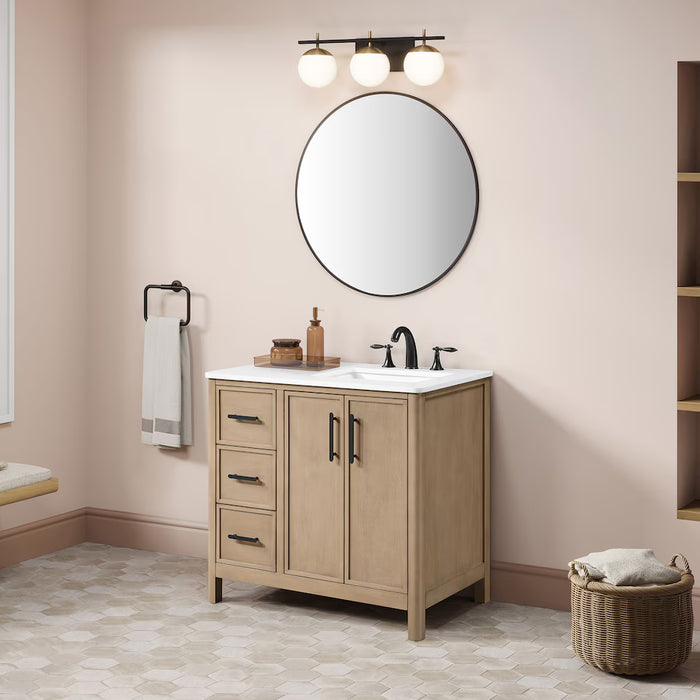 SAHARA- 36" Blonde Antique , Right side Sink, Solid Wood Bathroom Vanity with White Quartz countertop