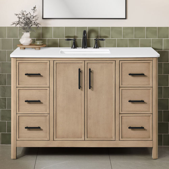 SAHARA- 48" Blonde Antique , Solid Wood Bathroom Vanity with White Quartz countertop