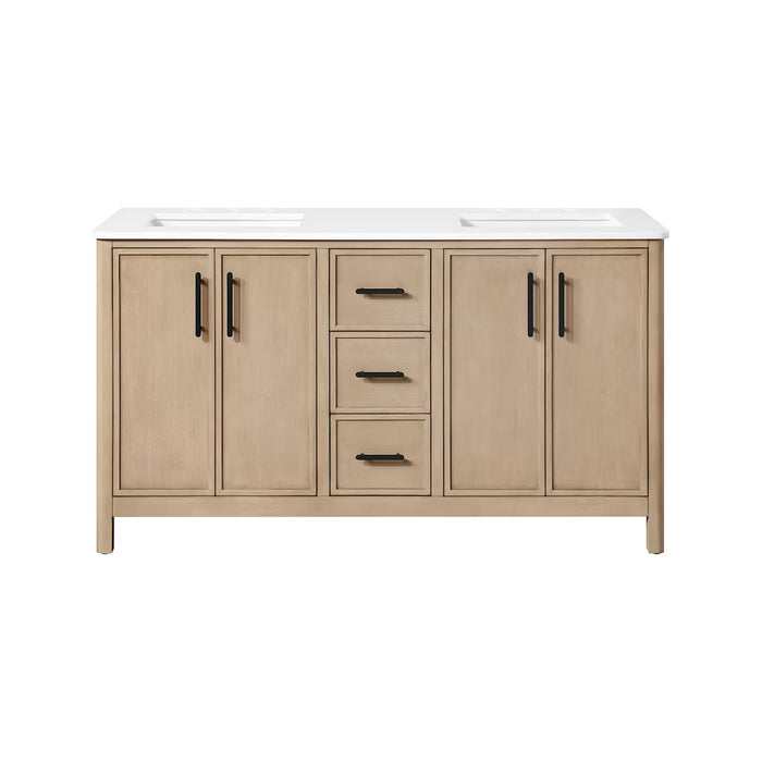 SAHARA- 60" Double Sink Blonde Antique , Solid Wood Bathroom Vanity with White Quartz countertop