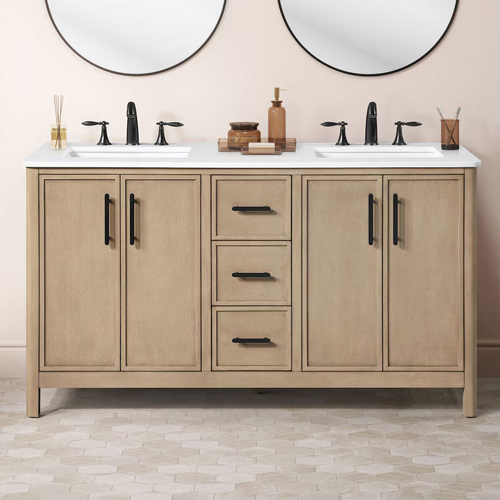 SAHARA- 60" Double Sink Blonde Antique , Solid Wood Bathroom Vanity with White Quartz countertop