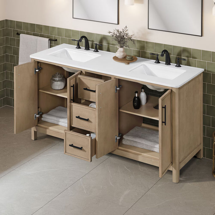 SAHARA- 60" Double Sink Blonde Antique , Solid Wood Bathroom Vanity with White Quartz countertop