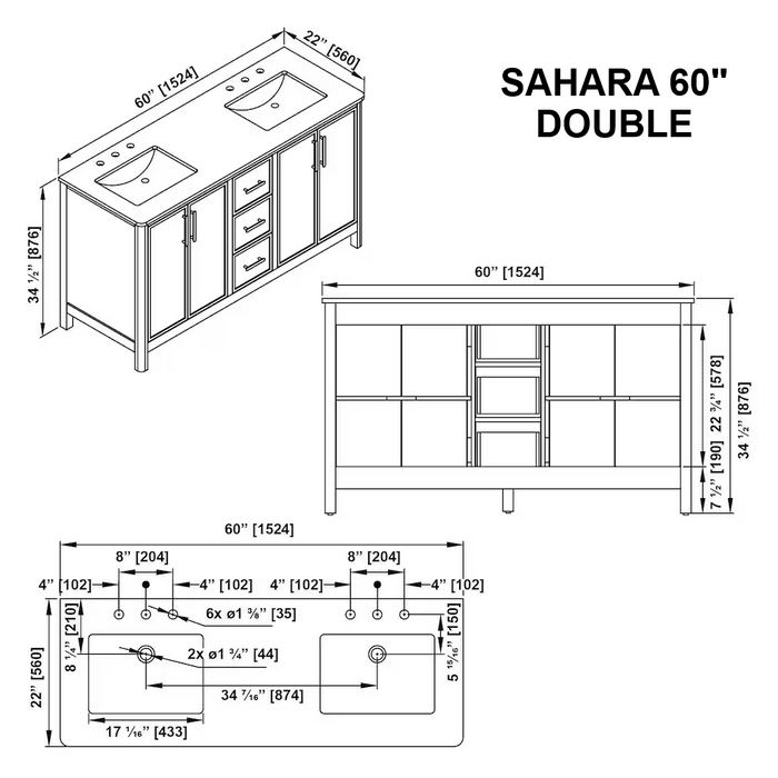 SAHARA- 60" Double Sink Blonde Antique , Solid Wood Bathroom Vanity with White Quartz countertop