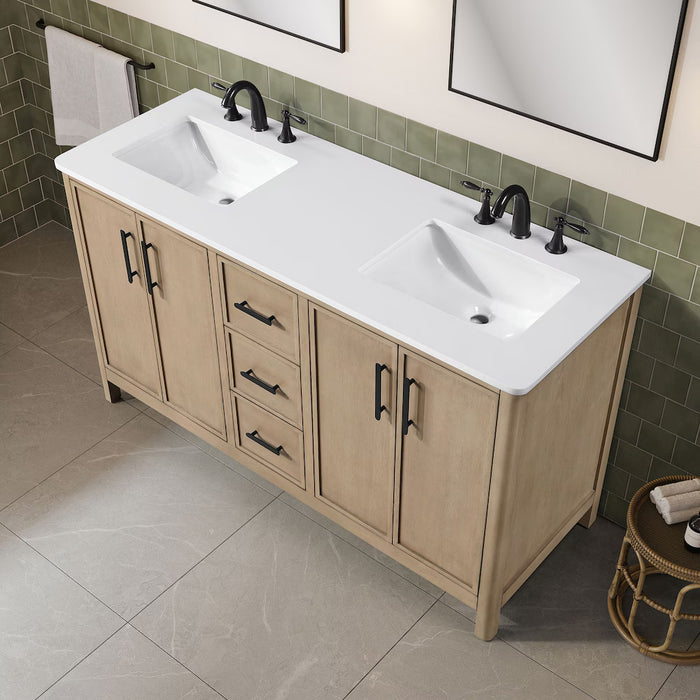 SAHARA- 60" Double Sink Blonde Antique , Solid Wood Bathroom Vanity with White Quartz countertop