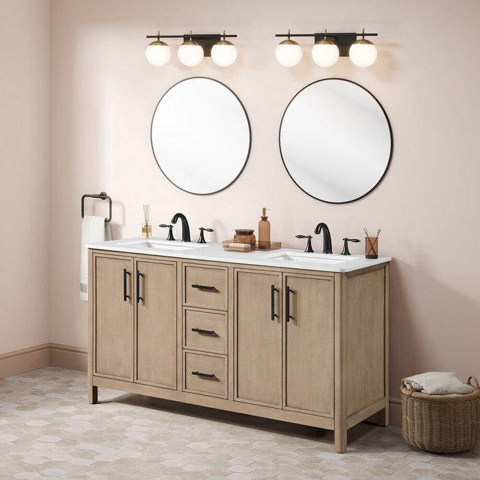 SAHARA- 60" Double Sink Blonde Antique , Solid Wood Bathroom Vanity with White Quartz countertop