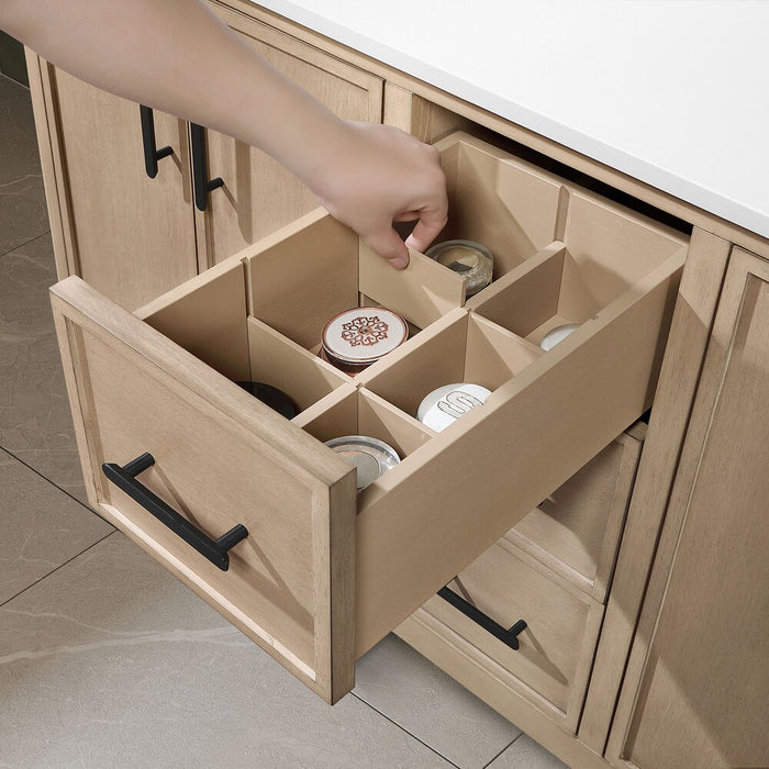 SAHARA- 60" Double Sink Blonde Antique , Solid Wood Bathroom Vanity with White Quartz countertop