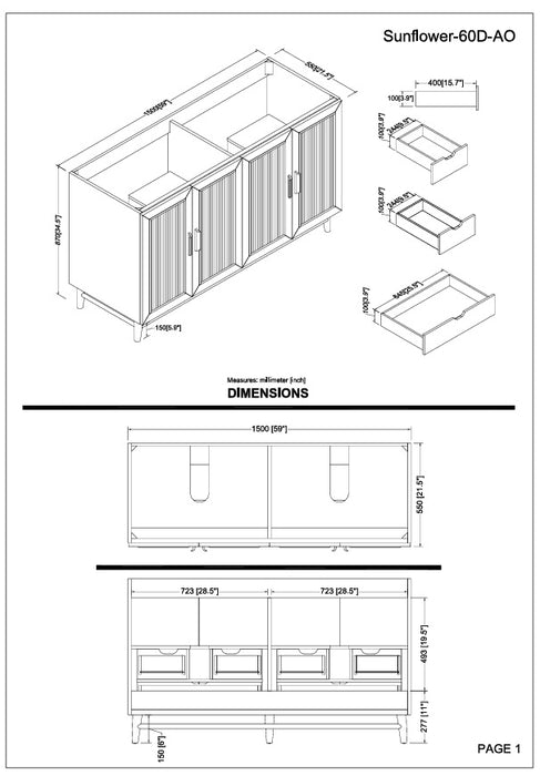 Sunflower - 60" Double Sink, Antique Oak ,Solid Wood Floor Standing Bathroom Vanity,White Quartz Countertop