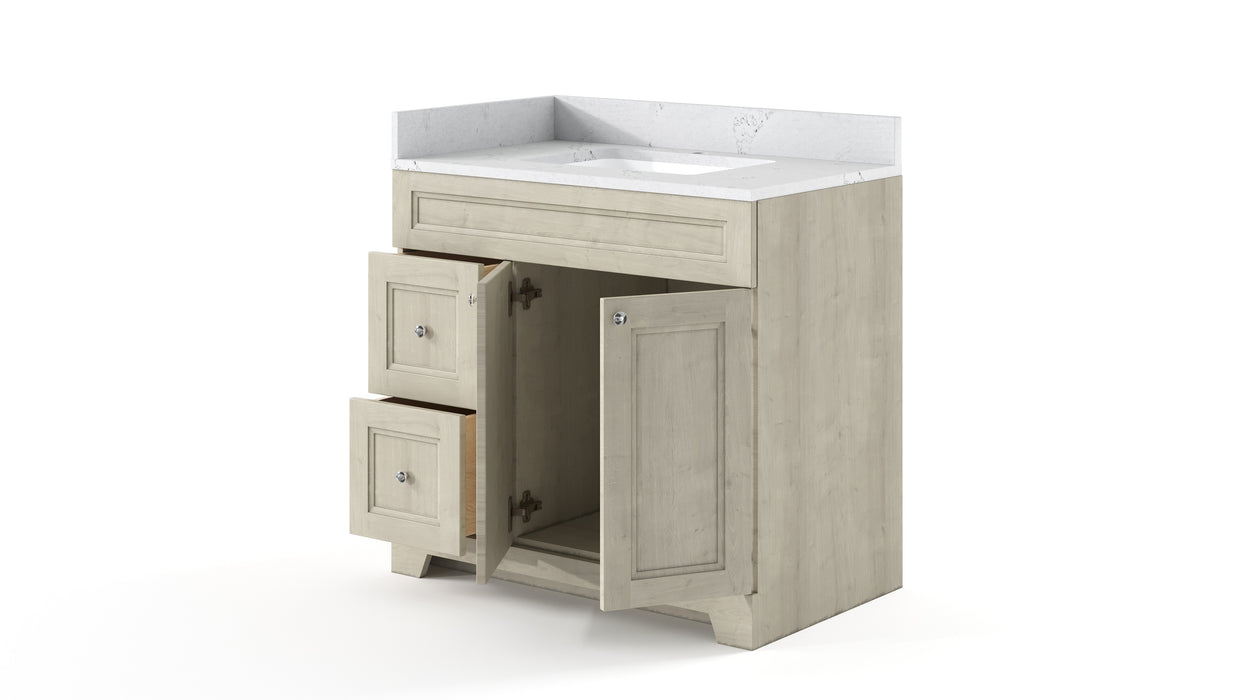 CLASSIC- 36" Solid wood Bathroom Vanity (6 COLORS AVAILABLE) With Quartz Countertop / Left Side Drawers - Construction Commodities Supply Inc.