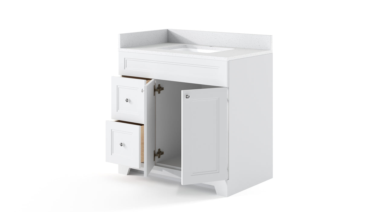 CLASSIC- 36" Solid wood Bathroom Vanity (6 COLORS AVAILABLE) With Quartz Countertop / Left Side Drawers - Construction Commodities Supply Inc.