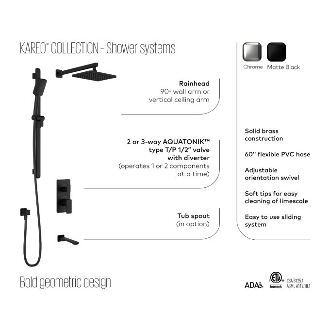 KALIA-KAREO TB3 , 3 Way Thermostatic Shower systems with push-button valve - Wall arm