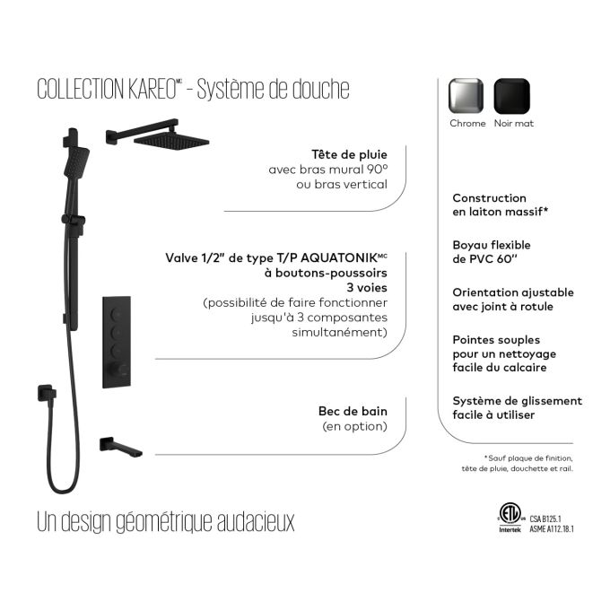 KALIA-KAREO TB2, 2 Way Thermostatic shower systems with push-button - Wall arm