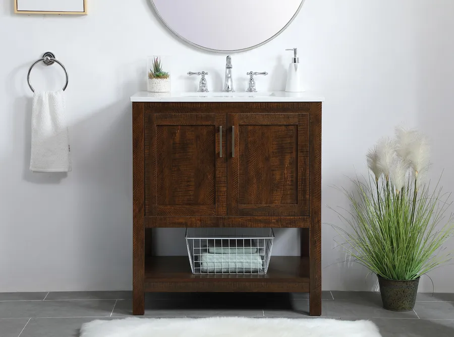 ELEGANT- 24" Dark Brown Oak ,Floor Standing Modern Bathroom Vanity, Marble Countertop