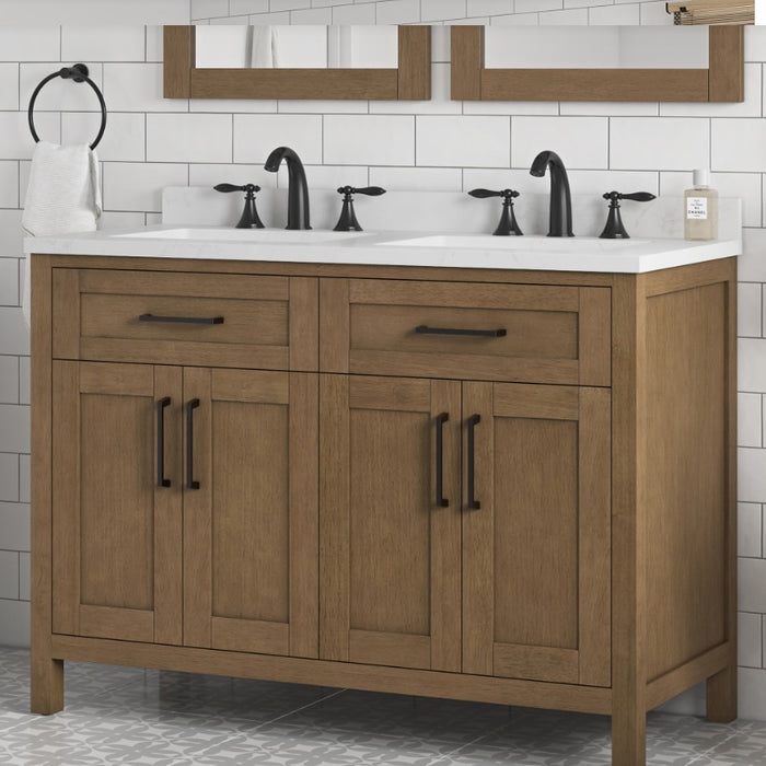SIENA 48 Inch, Double Sink Solid Wood Bathroom Vanity with Carrera Marble Countertop, Almond Latte