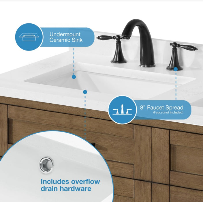 SIENA 48 Inch, Double Sink Solid Wood Bathroom Vanity with Carrera Marble Countertop, Almond Latte