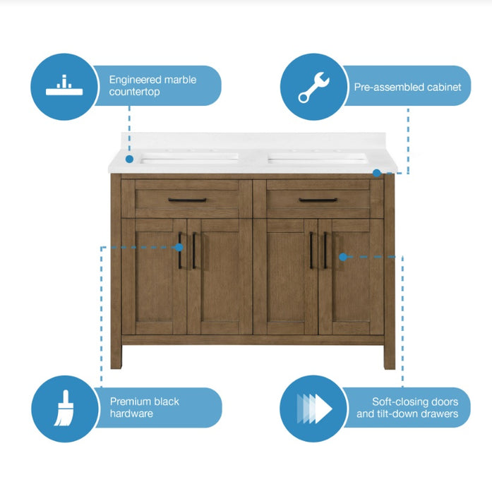SIENA 48 Inch, Double Sink Solid Wood Bathroom Vanity with Carrera Marble Countertop, Almond Latte