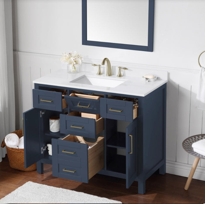 SIENA 42 Inch, Solid Wood Bathroom Vanity with Quartz Countertop, Midnight Blue