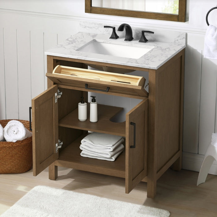 SIENA 30 Inch, Solid Wood Bathroom Vanity with Quartz Countertop, Almond Latte