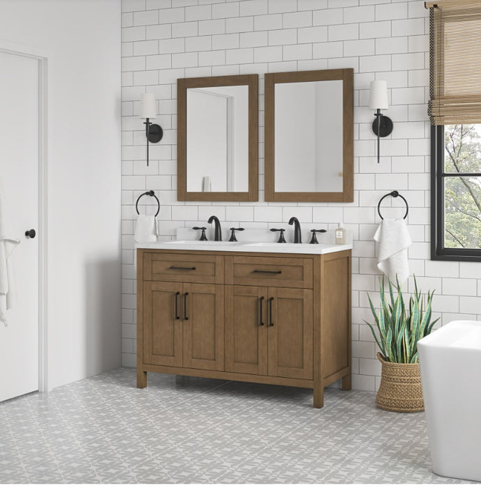 SIENA 48 Inch, Double Sink Solid Wood Bathroom Vanity with Carrera Marble Countertop, Almond Latte