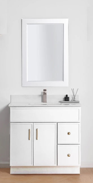 NOVA- 36" Slim Shaker Bathroom Vanity (3 colors) With Quartz Countertop / Right Side Drawers