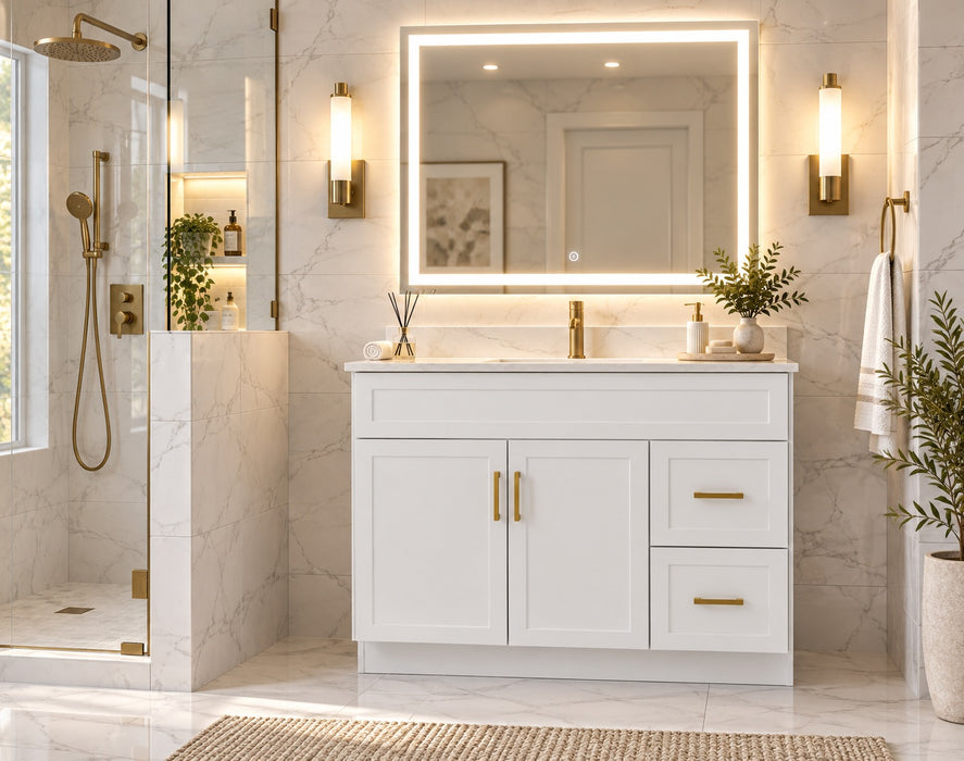 CRUSH 42 Inch Bathroom Vanity, Modern Slim Shaker with Quartz Countertop, Right Side Drawers (Available in 3 Colors)
