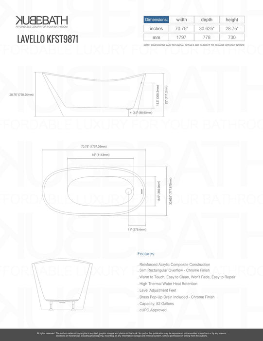 LAVELLO- 71" Composite Acrylic Free Standing Bathtub