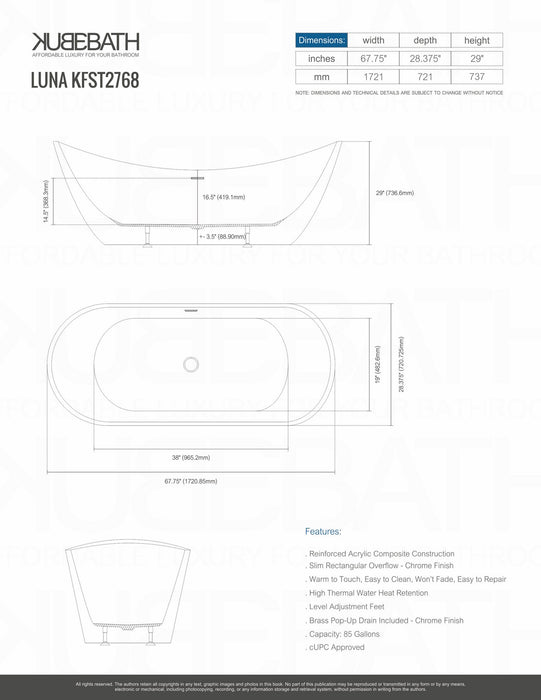 LUNA- 68" Composite Acrylic Free Standing Bathtub