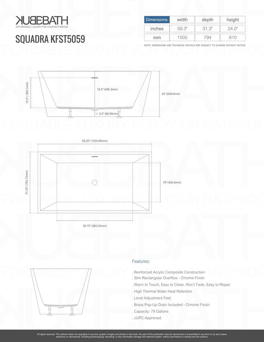 SQUADRA- 59" Composite Acrylic Free Standing Bathtub
