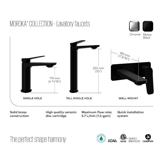 MOROKA WALL-MOUNT LAVATORY FAUCET WITH PUSH DRAIN AND OVERFLOW- CHROME