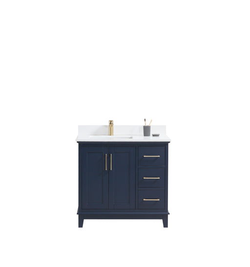 CCS501 - 36" Navy Blue, Floor Standing Bathroom Vanity, White Quartz Countertop, Brushed Gold Hardware - Construction Commodities Supply Inc.