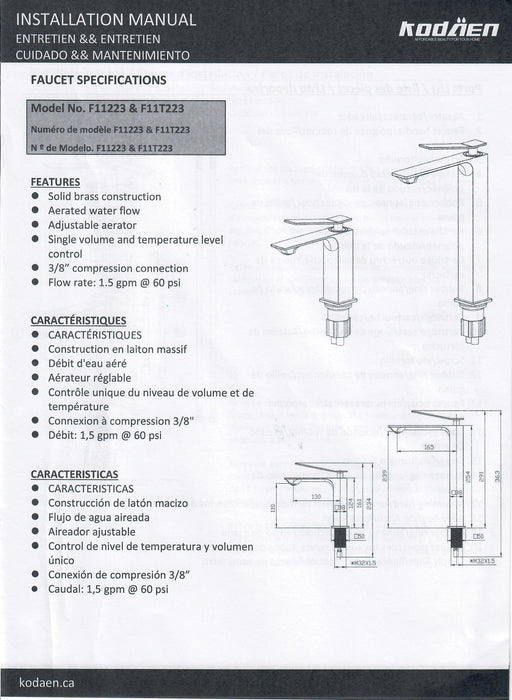 KODAEN-F11223 Single Handle Bathroom Faucet