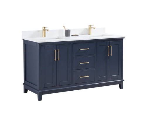 CCS501 - 60" Navy Blue, Double Sink, Floor Standing Modern Bathroom Vanity, White Quartz Countertop, Brushed Gold Hardware - Construction Commodities Supply Inc.