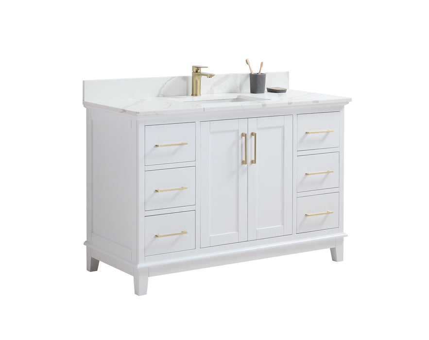CCS501 - 48" White, Floor Standing Modern Bathroom Vanity, Calcatta Quartz Countertop, Brushed Gold Hardware - Construction Commodities Supply Inc.