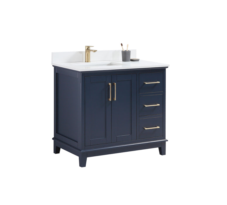 CCS501 - 36" Navy Blue, Floor Standing Bathroom Vanity, White Quartz Countertop, Brushed Gold Hardware - Construction Commodities Supply Inc.