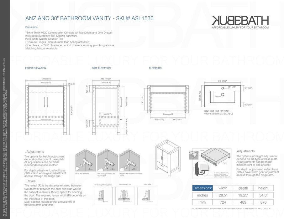 ASL-30 HIGH GLOSS White Cabinet , White Quartz Countertop, Floor Standing Bathroom Vanity - Construction Commodities Supply Inc.