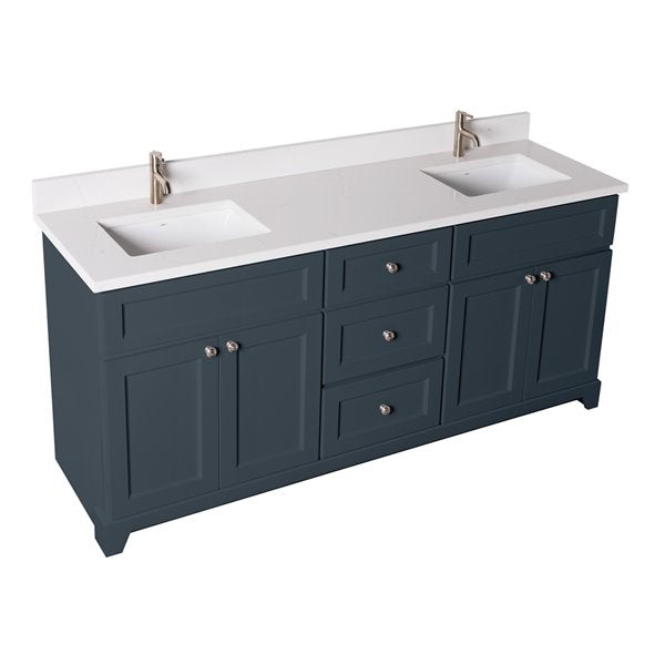 StoneWood / Blue Grey - 72 " Solid Wood Canadian Made Double Sink Bathroom Vanity, Quartz Countertop