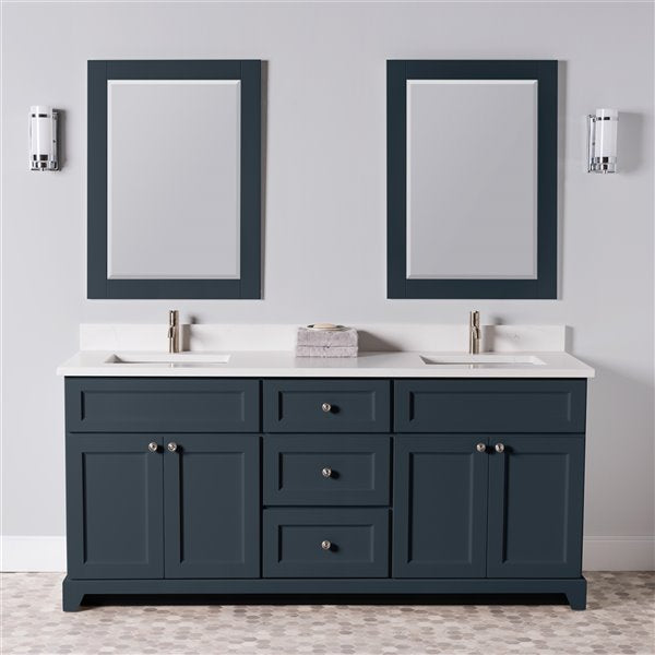 StoneWood / Blue Grey - 72 " Solid Wood Canadian Made Double Sink Bathroom Vanity, Quartz Countertop