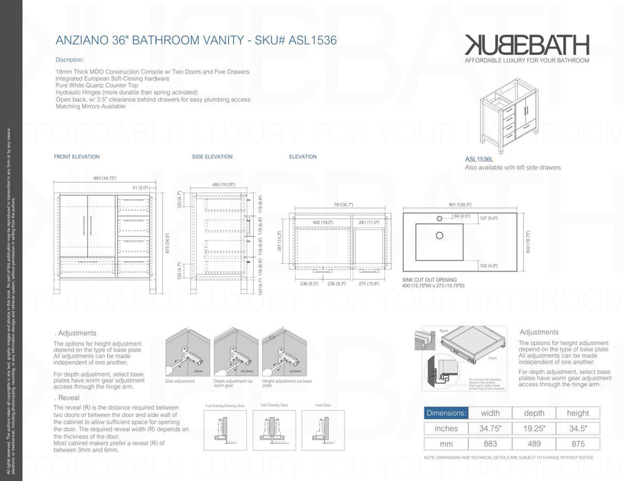 ASL-36R, High Gloss White, Pure White Quartz Countertop, Floor Standing Modern Bathroom Vanity - Construction Commodities Supply Inc.