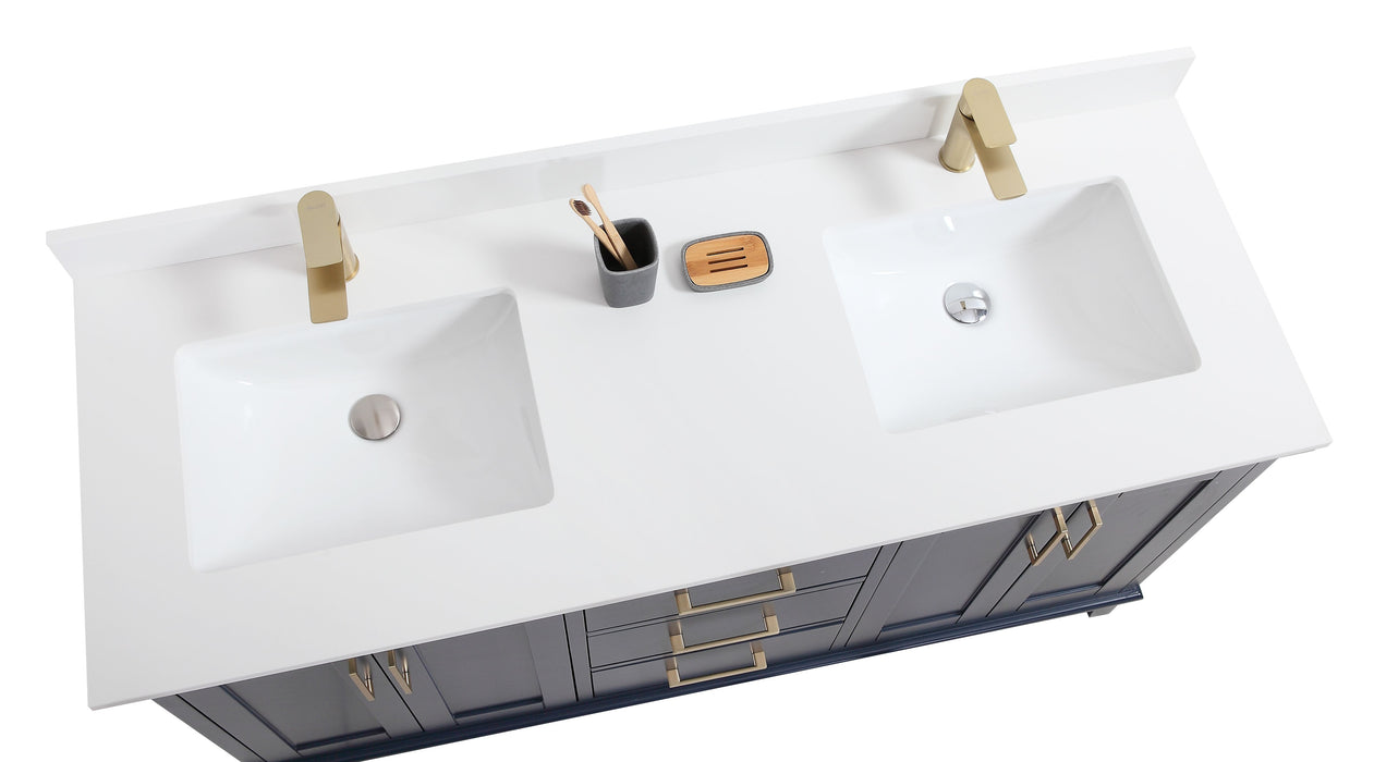 CCS501 - 60" Navy Blue, Double Sink, Floor Standing Modern Bathroom Vanity, White Quartz Countertop, Brushed Gold Hardware - Construction Commodities Supply Inc.