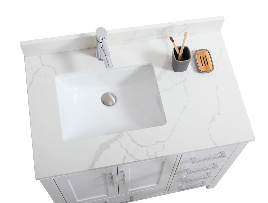 CCS201 - 36" White, Floor Standing Modern Bathroom Vanity, Calcatta Quartz Countertop, Chrome Hardware - Construction Commodities Supply Inc.