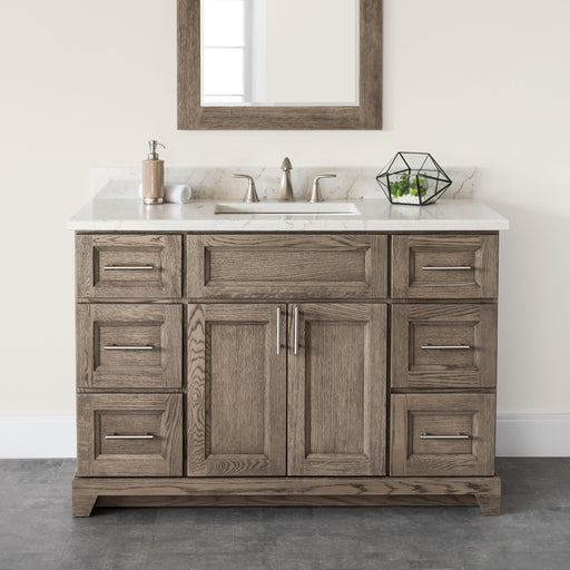 Stonewood- 48" Desert Oak Bathroom Vanity, Carrera Quartz Countertop. - Construction Commodities Supply Inc.