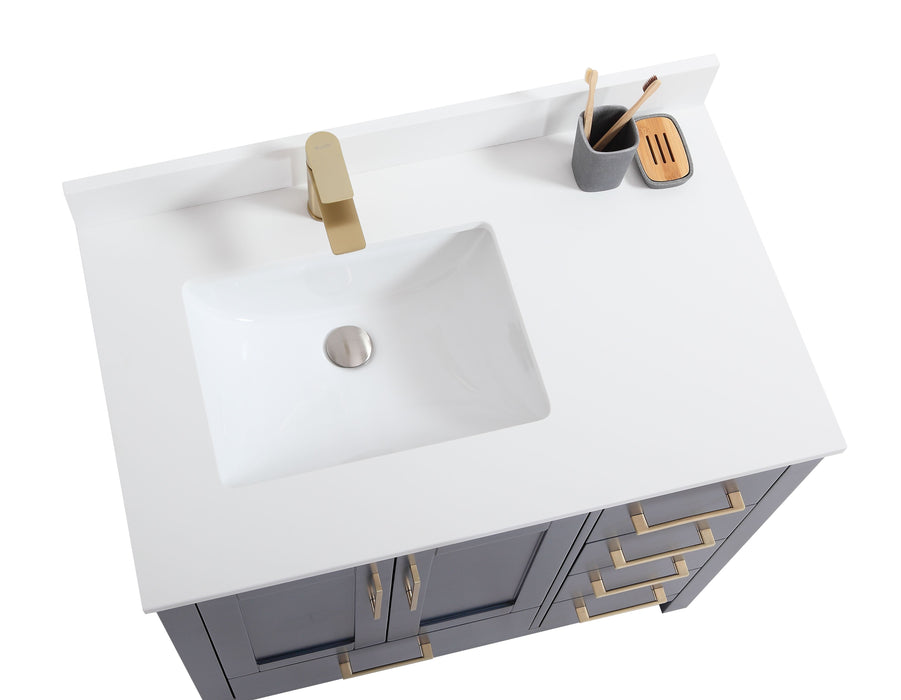 CCS201 - 36" Navy Blue, Floor Standing Modern Bathroom Vanity, White Quartz Countertop,Brushed Gold Hardware - Construction Commodities Supply Inc.